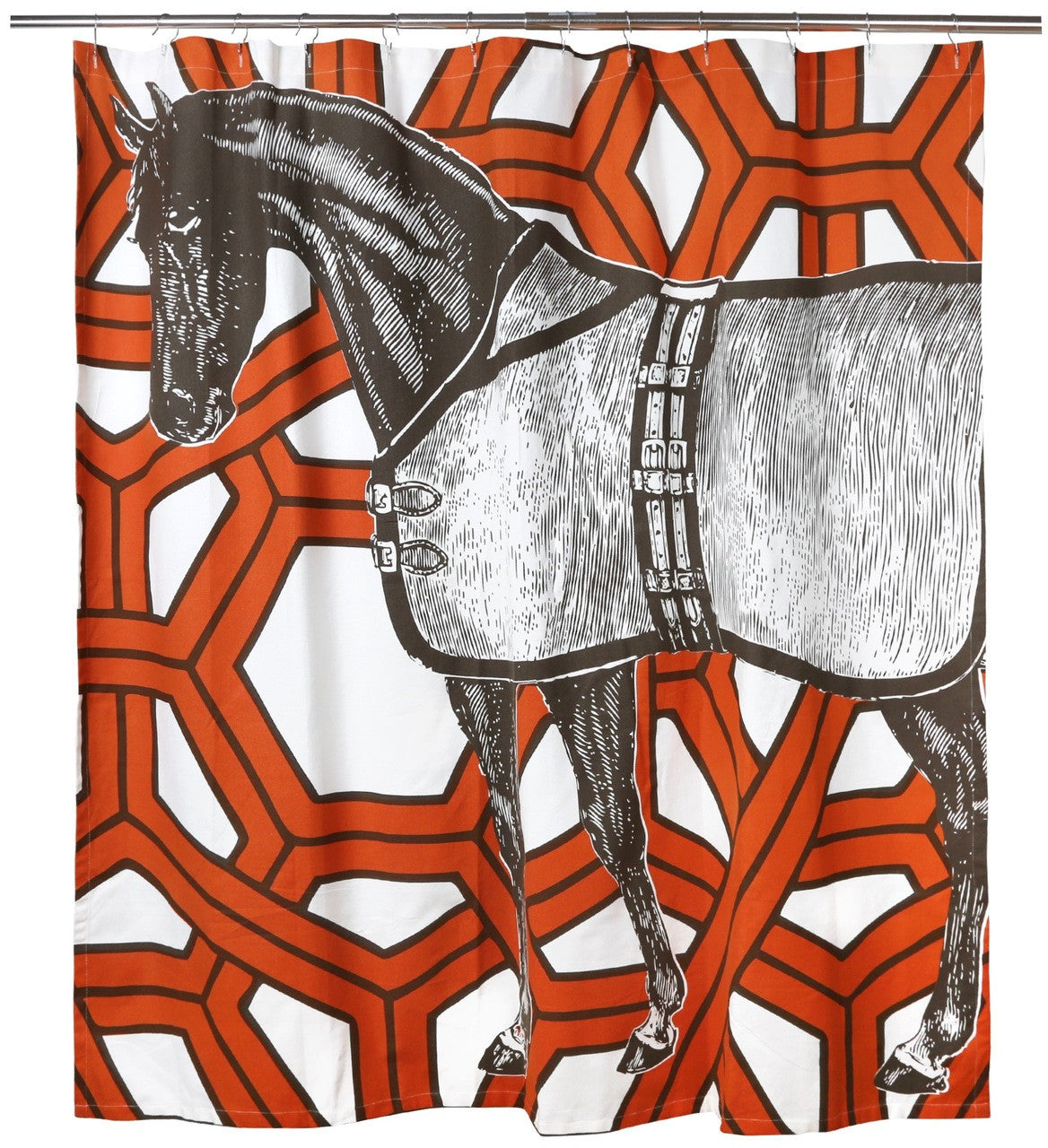 Cotton shower curtain featuring a thoroughbred horse illustration screen printed on an orange geometric pattern