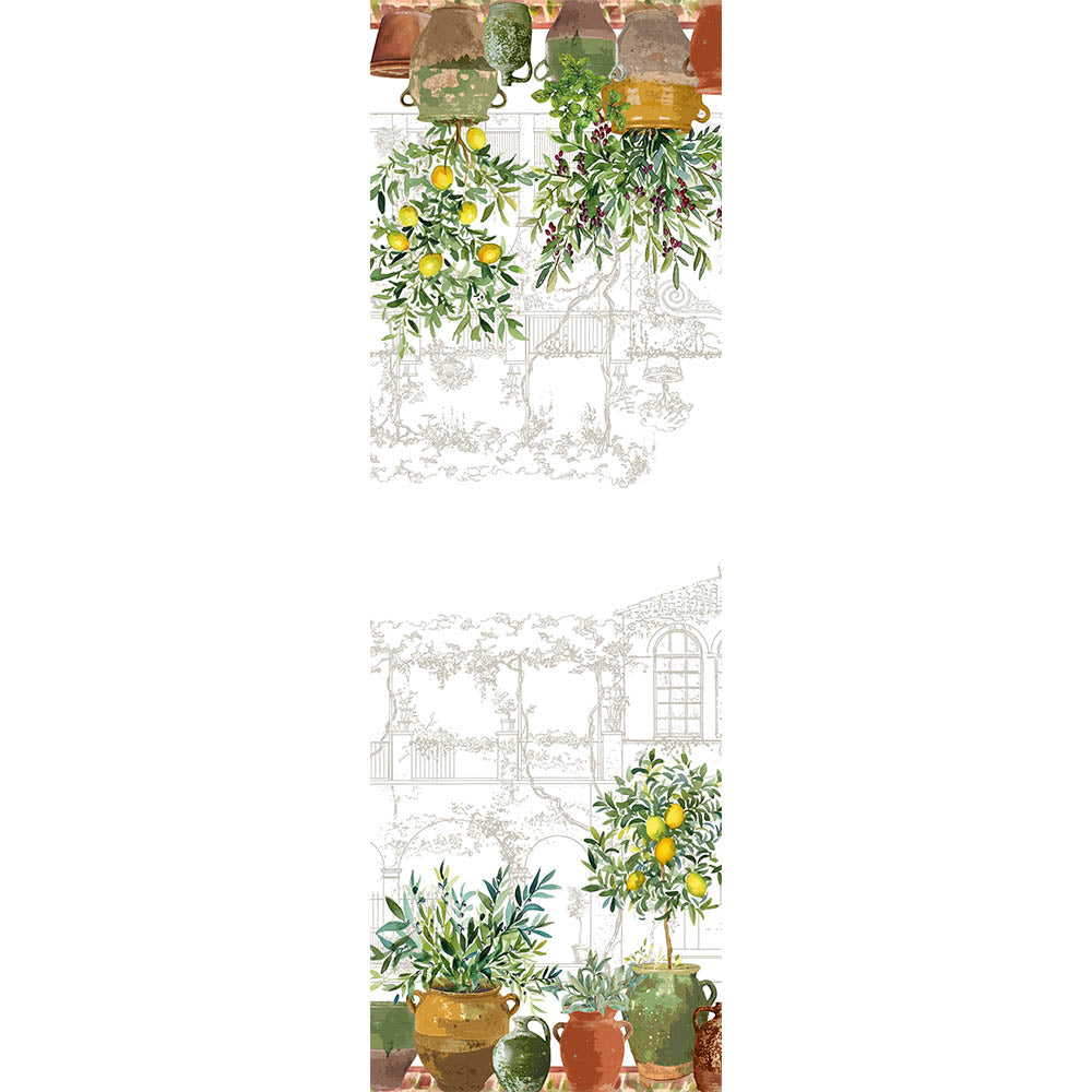 Full view of the Jardin Provencal Olive Table Runner printed with lemon trees and olive branch artwork.