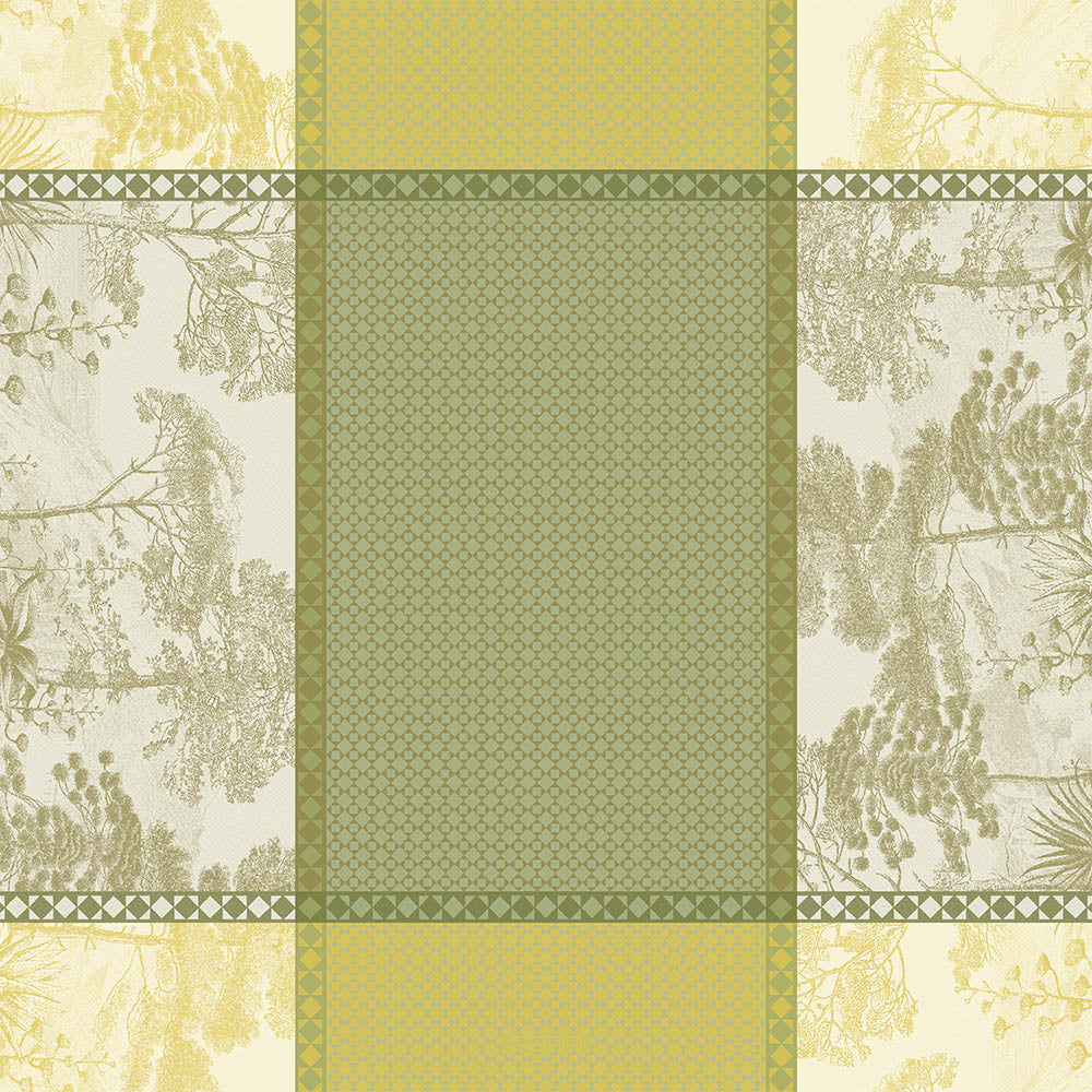 Full view of Le Sud Vert Jacquard Tablecloth in shades of green cotton featuring a tree motif and geometric patterns.