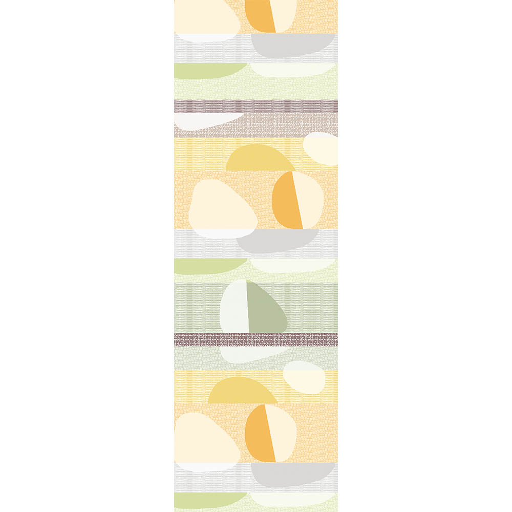 Mille Galets Terre Cuite Table Runner, cotton jacquard with yellow, brown, and green circular pebble motif.