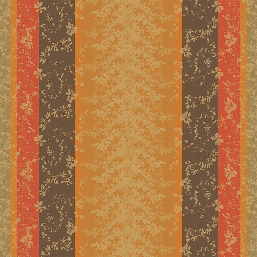 Autumn-themed, Patterned tablecloth with vertical stripes in brown, orange, and red colors.