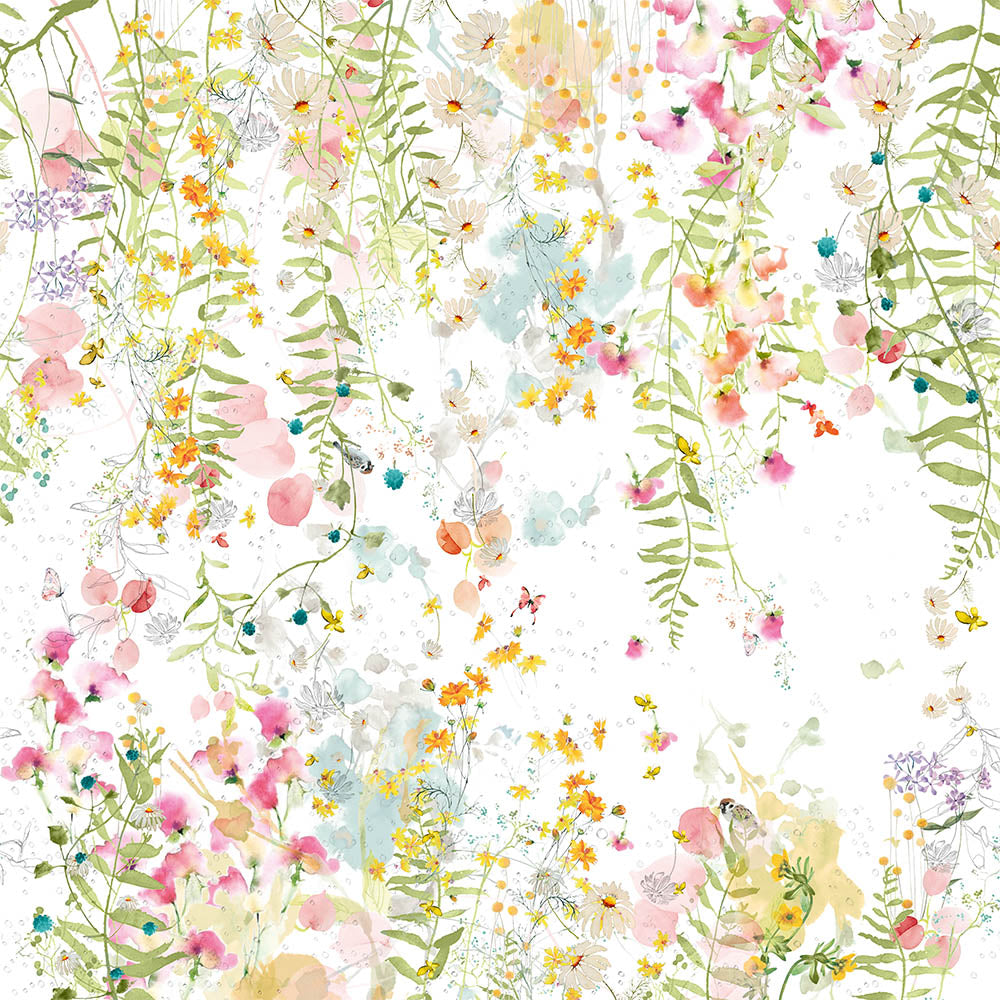 Full view of the Rosee Du Matin Printemps Tablecloth, pink, yellow, and green watercolor floral print on cotton-linen blend.