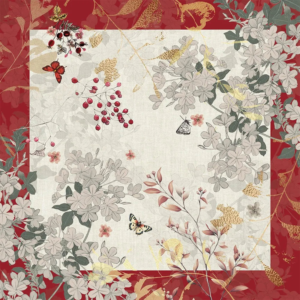 Vintage floral and cranberry printed cotton-linen napkin.