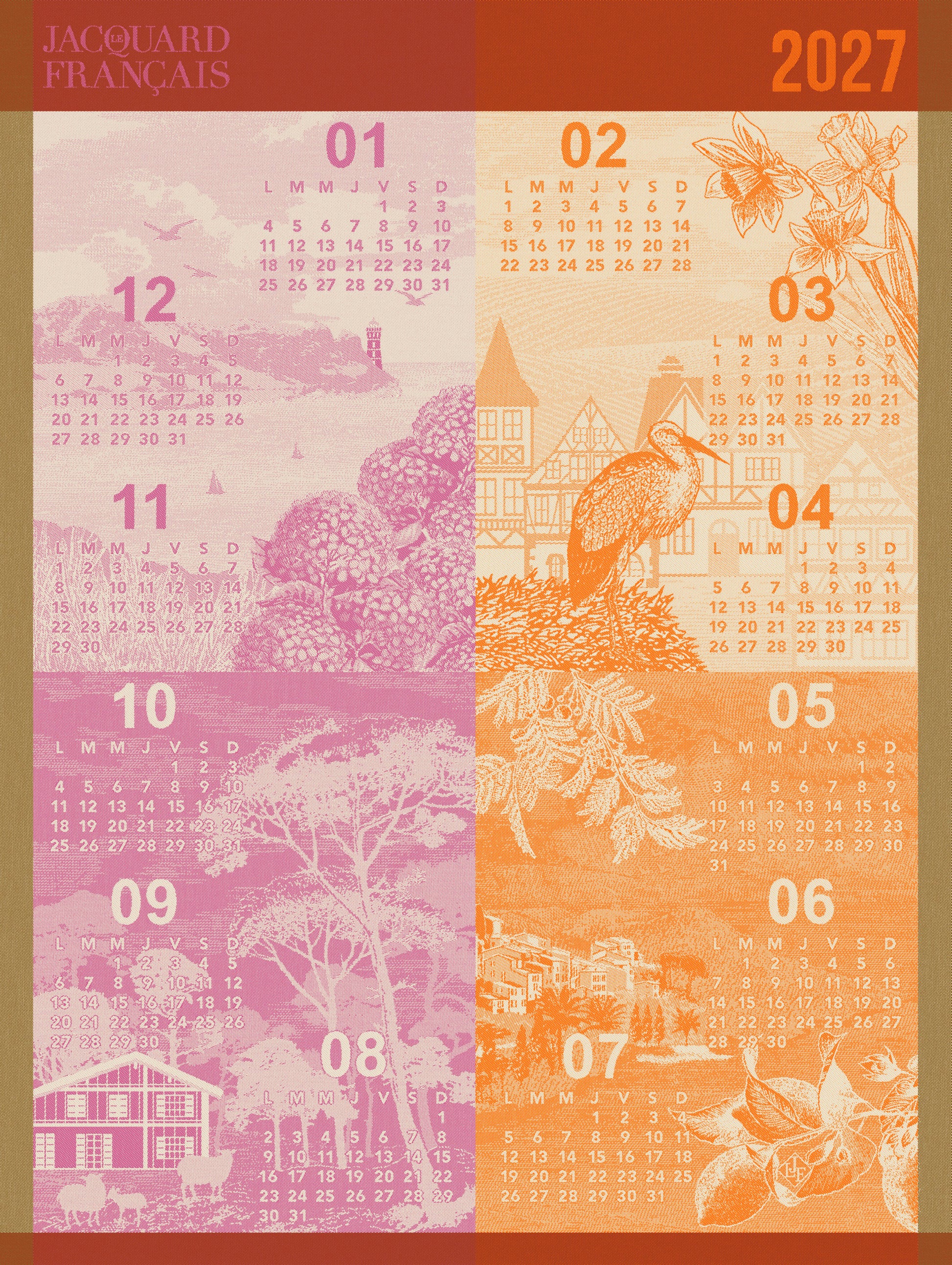 A 2027 monthly calendar dishtowel by Jacquard Français, featuring a vintage architectural and bird illustration design in a split-color scheme of pink, orange, and beige.