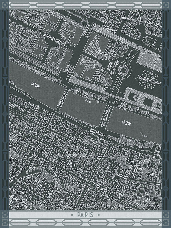 A Paris city map art dish towel with detailed street and river names in white on a dark gray background, framed by an Art Deco style border with 'PARIS' printed at the bottom.
