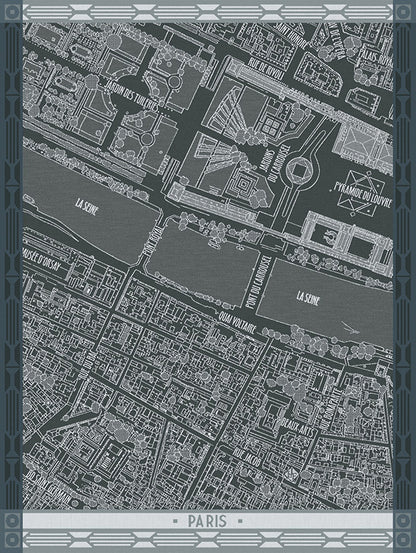 A Paris city map art dish towel with detailed street and river names in white on a dark gray background, framed by an Art Deco style border with 'PARIS' printed at the bottom.