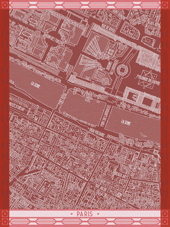 A Paris city map art dishtowel featuring a detailed street and building layout in light pink on a muted rose-red background, framed by a decorative pink border with 'PARIS' at the bottom.