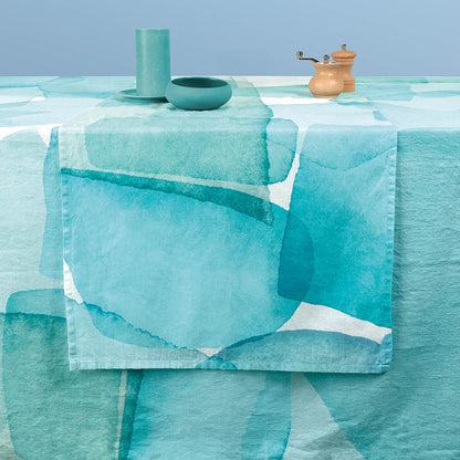 Aqua Mineral watercolor print cotton-linen table runner in blue and green tones