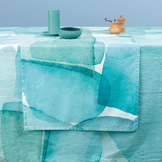 Aqua Mineral watercolor print cotton-linen table runner in blue and green tones
