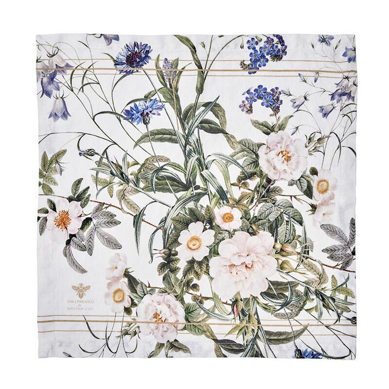 The Blue Flower Garden patterned linen napkin with flowers and leaves on a white background