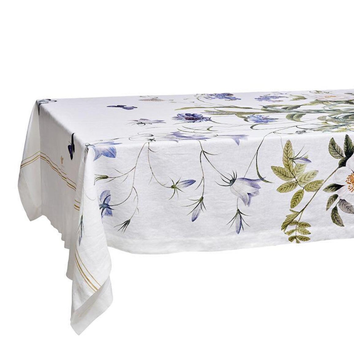 The Blue Garden linen tablecloth on a white background