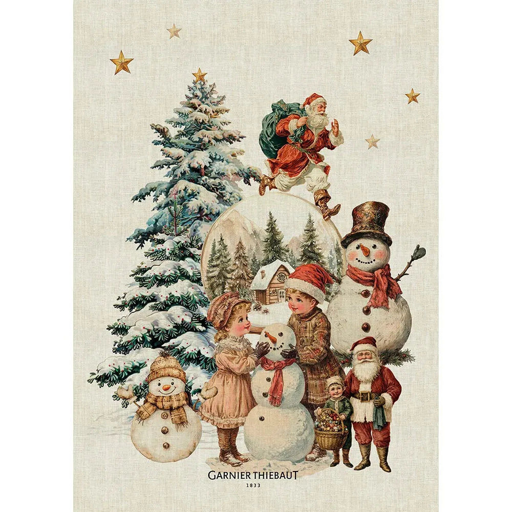 Vintage-style Christmas scene with children, snowmen, Santas, and a fir tree on a cotton-linen background.