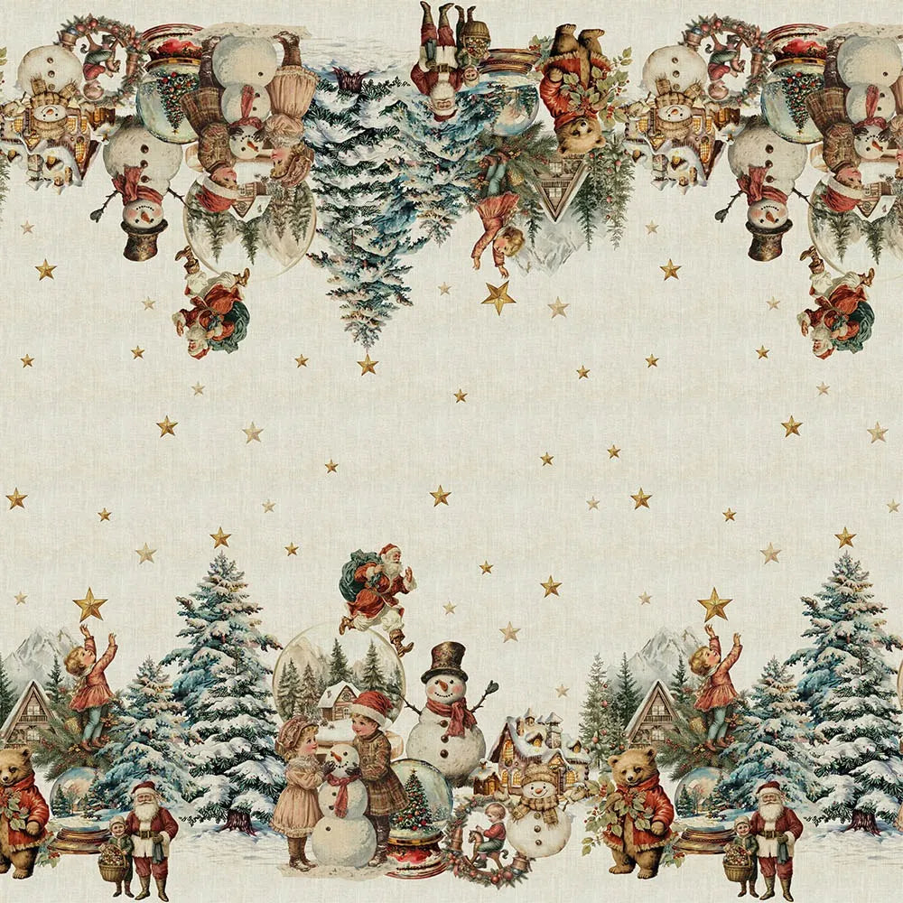 A seamless holiday patterned tablecloth featuring detailed illustrations of vintage snowmen, classic Santas holding small trees, snowglobes, and nostalgic children playing in the snow, interspersed with small gold stars on a cream-colored cotton-linen background.