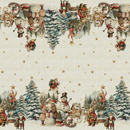 A seamless holiday patterned tablecloth featuring detailed illustrations of vintage snowmen, classic Santas holding small trees, snowglobes, and nostalgic children playing in the snow, interspersed with small gold stars on a cream-colored cotton-linen background.