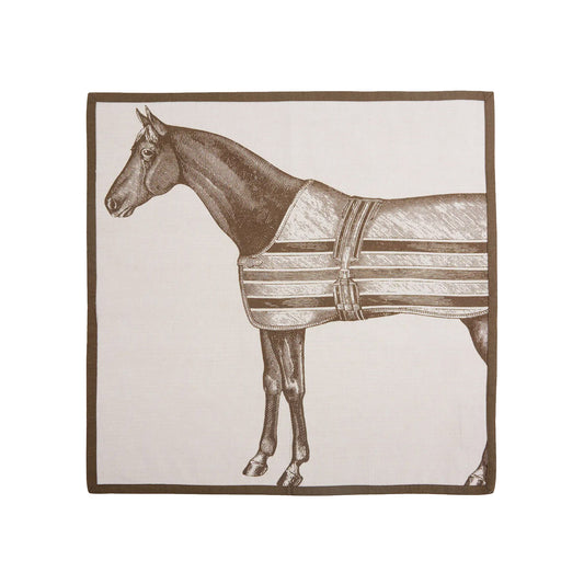 Illustration of a horse wearing a striped blanket on a beige cotton napkin with brown piped edges