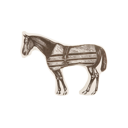 Custom horse-shaped decorative throw pillow featuring a vintage hand-sketched illustration of a horse in a striped blanket