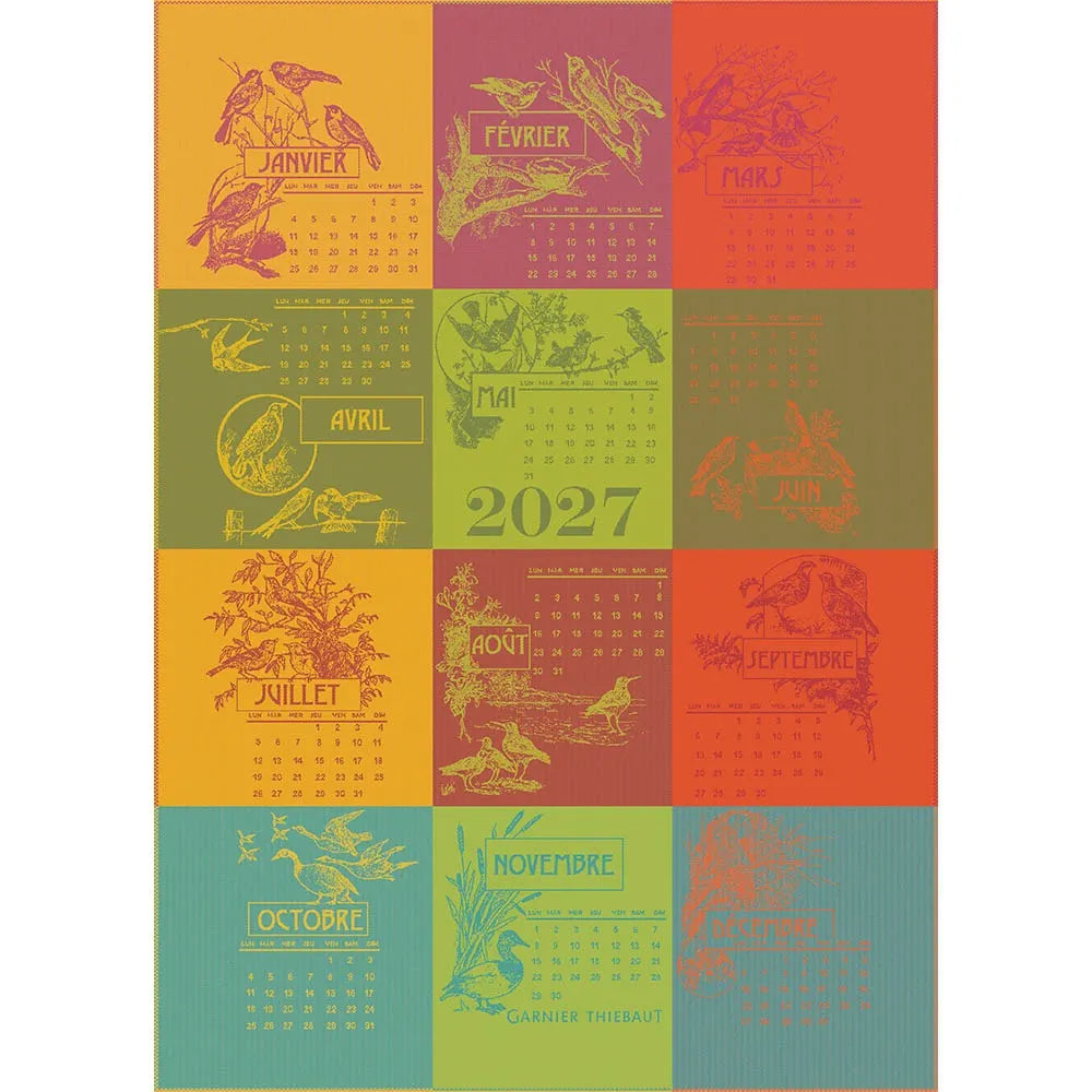 Calendar dishtowel for 2027 with colorful squares and animal illustrations on a white background