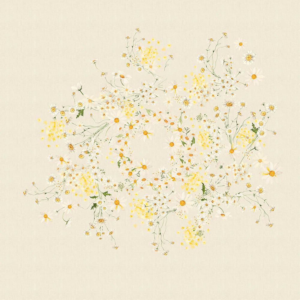 Close-up of daisy print pattern on chanvre cotton-linen fabric