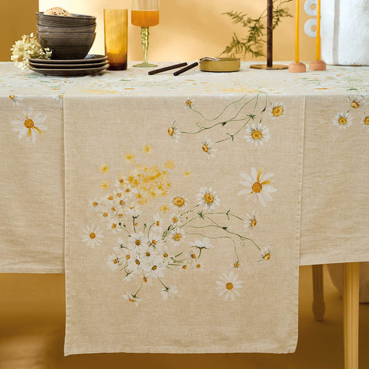 Daisy Chanvre cotton-linen printed table runner draping over a set table