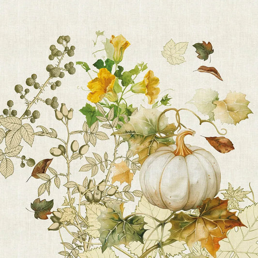 Decorative cloth napkin designed with pumpkins, leaves, and flowers on a textured cream background