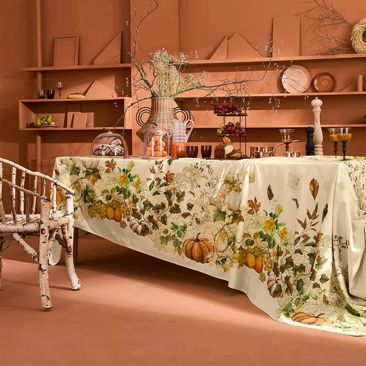 A beautifully set autumn dining table featuring a cream cotton-linen tablecloth with a detailed print of vibrant pumpkins, green foliage, and grapevines, styled in a warm terracotta-toned room with rustic wooden shelving.