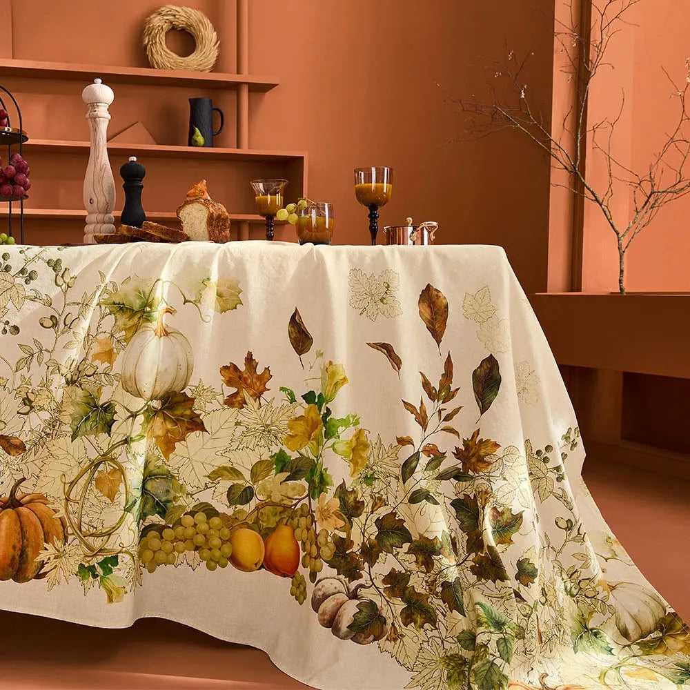 Tablecloth with autumnal design featuring pumpkins, leaves, and fruits on a table.
