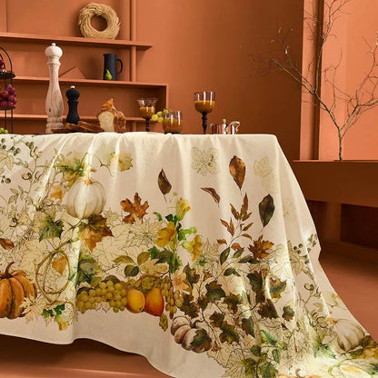 Tablecloth with autumnal design featuring pumpkins, leaves, and fruits on a table.