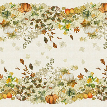 A detailed repeating textile pattern on a cream cotton-linen tablecloth, featuring illustrated harvest pumpkins, clusters of green grapes, and vibrant autumn foliage in orange, gold, and green tones.
