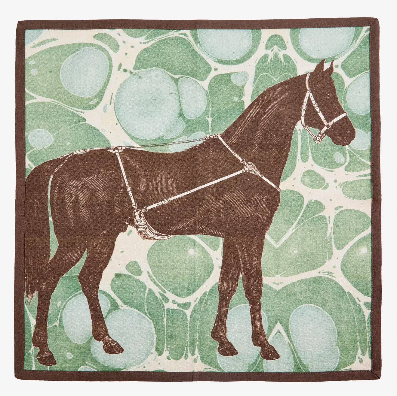 A square green Horse Marble cotton dinner napkin finished with a crisp, dark brown piped edge.