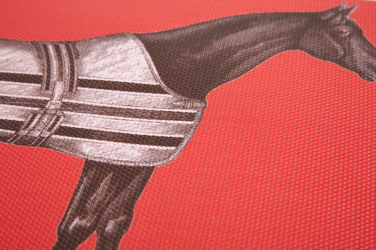 Closeup of a horse illustration on a red vinyl placemat