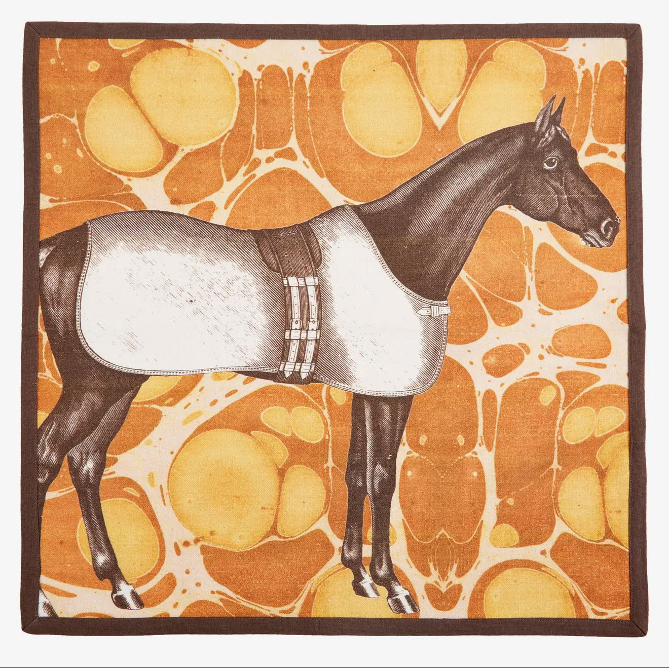 A square yellow Horse Marble cotton dinner napkin finished with a crisp, dark brown piped edge.