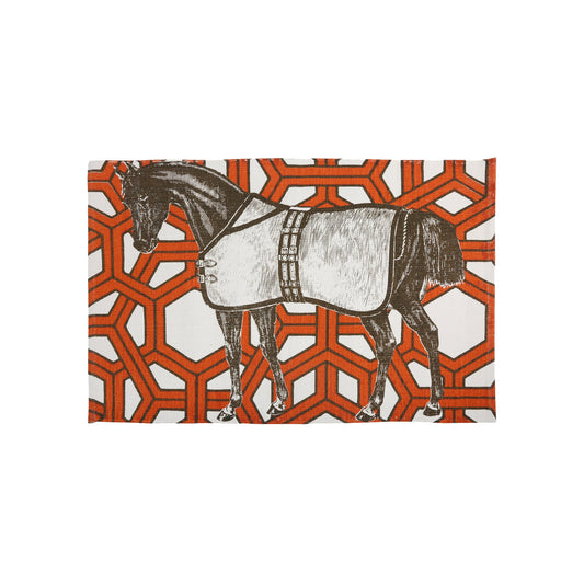 Thoroughbred horse illustration printed on a red geometric patterned  cotton rug