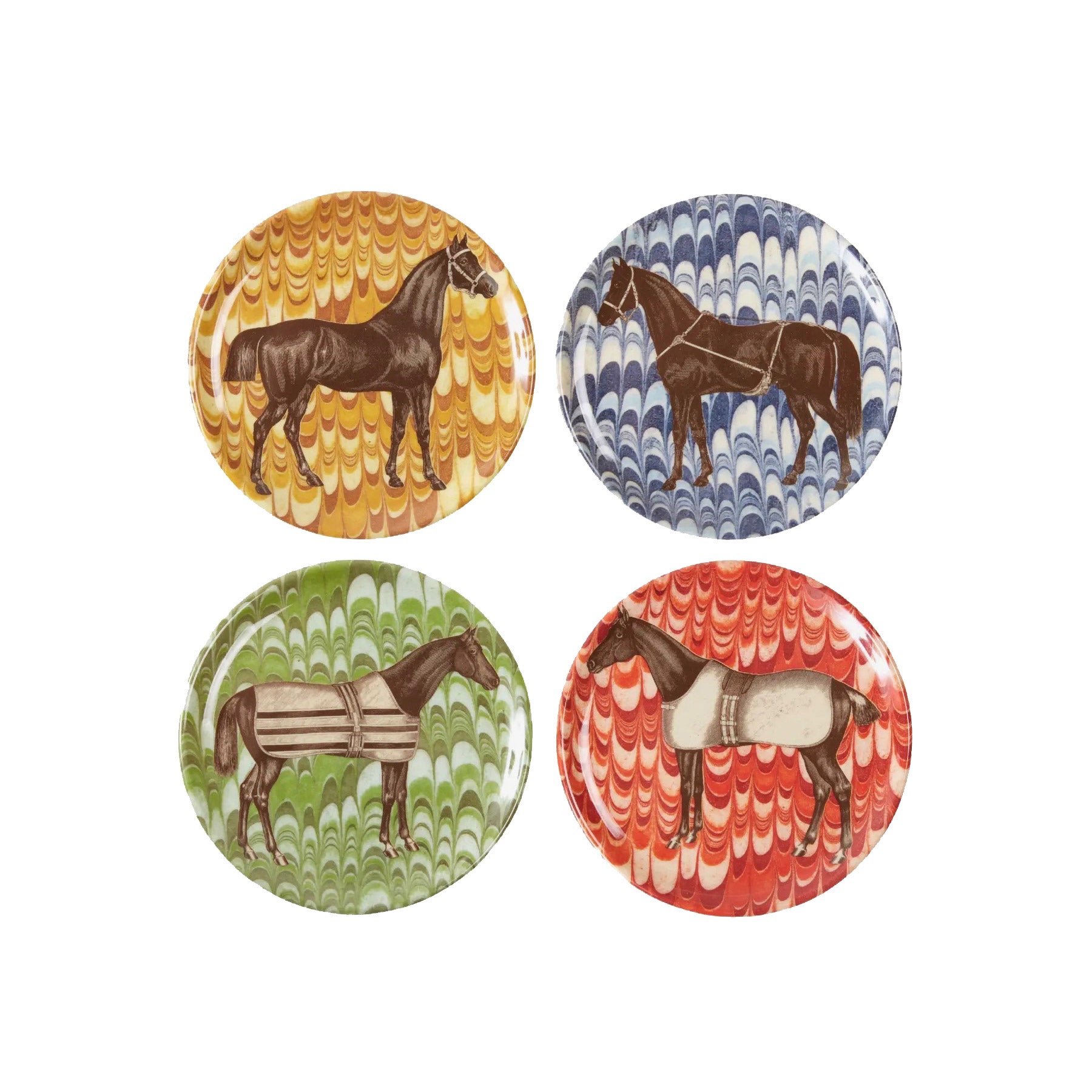 A top-down view of a set of four round melamine coasters arranged symmetrically on a white background, each featuring a detailed brown horse illustration set against a vibrant, swirling marble-patterned backdrop in mustard yellow, ocean blue, sage green, and brick red.