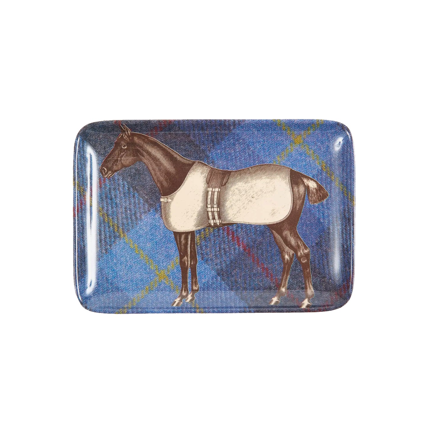Rectangular melamine tray with a horse illustrated on a blue plaid background