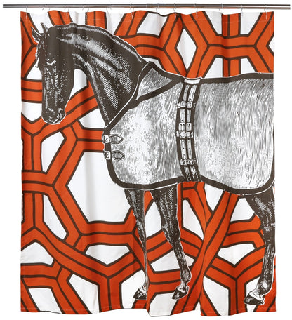 Cotton shower curtain featuring a  thoroughbred horse illustration screen printed on an orange geometric pattern 