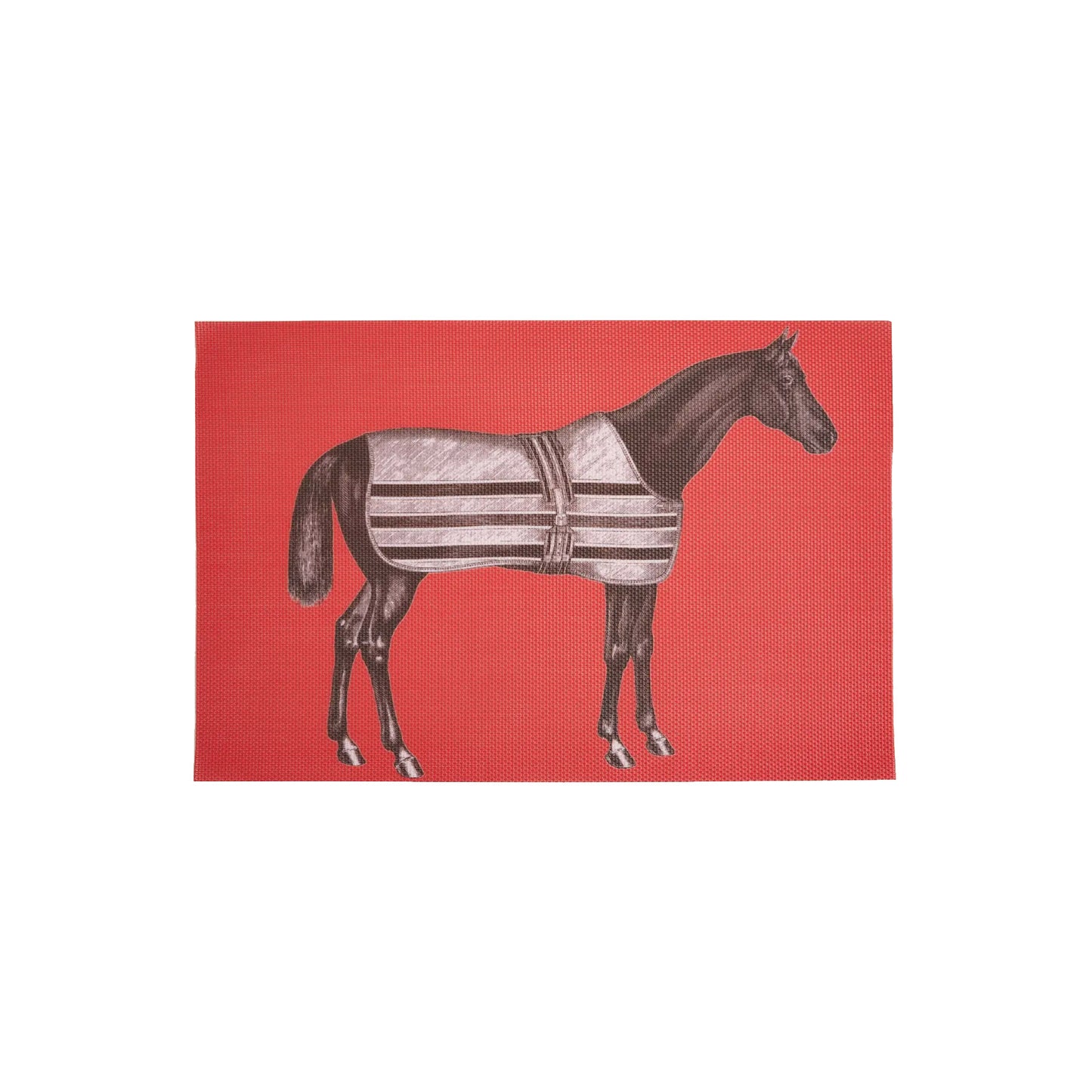 A rectangular woven vinyl red placemat featuring a detailed, vintage-style illustration of a noble horse wearing a striped stable blanket