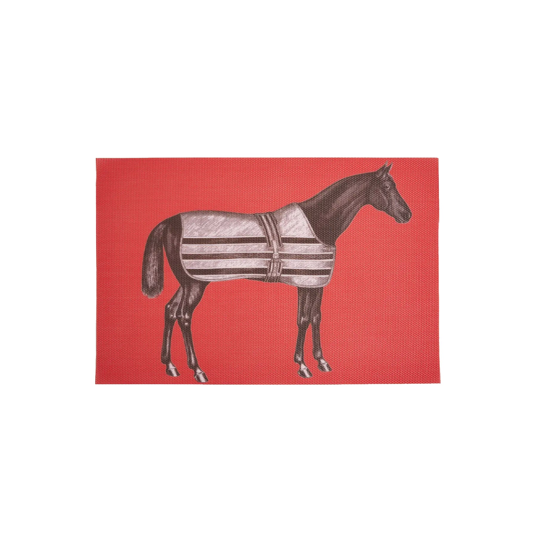 A rectangular woven vinyl red placemat featuring a detailed, vintage-style illustration of a noble horse wearing a striped stable blanket