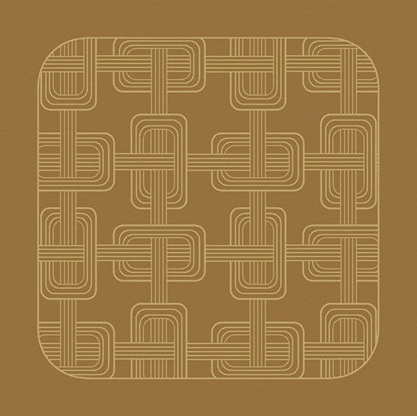 Top-down view of a brown Hôtel Particulier Jacquard linen napkin with an interlocking art deco geometric link pattern woven in cream.