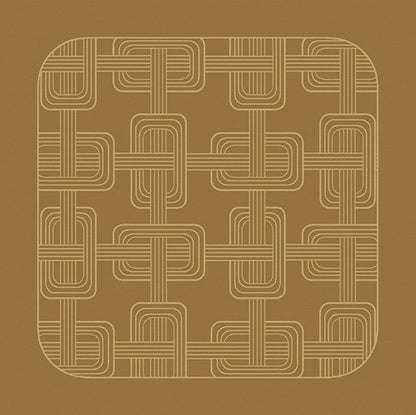 Top-down view of a brown Hôtel Particulier Jacquard linen napkin with an interlocking art deco geometric link pattern woven in cream.