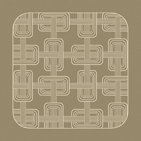Top-down view of an olive green Hôtel Particulier Jacquard linen napkin with an interlocking art deco geometric link pattern woven in cream.