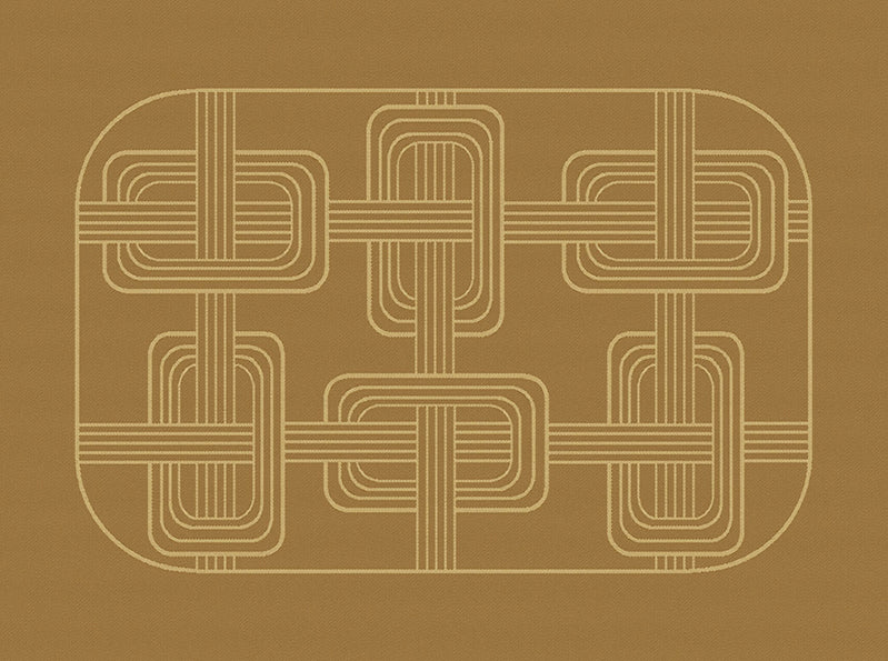 Top-down view of an brown Hôtel Particulier Jacquard linen placemat with an interlocking art deco geometric link pattern woven in cream.