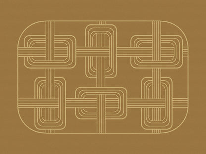Top-down view of an brown Hôtel Particulier Jacquard linen placemat with an interlocking art deco geometric link pattern woven in cream.
