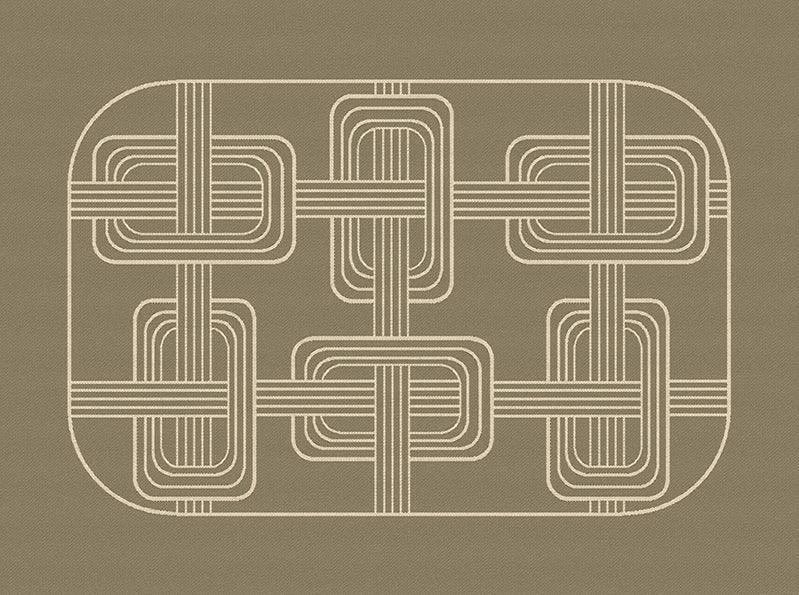 Top-down view of an olive green Hôtel Particulier Jacquard linen placemat with an interlocking art deco geometric link pattern woven in cream.