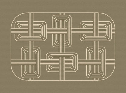 Top-down view of an olive green Hôtel Particulier Jacquard linen placemat with an interlocking art deco geometric link pattern woven in cream.