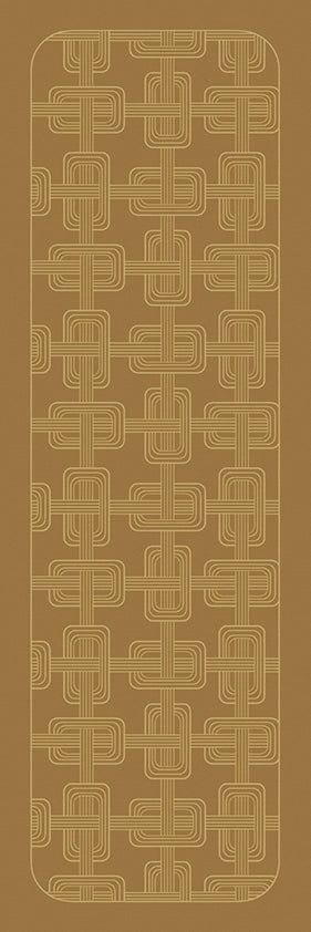 Top-down view of a brown Hôtel Particulier Jacquard linen table runner featuring a repeating geometric link pattern woven in cream.