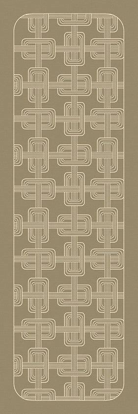 Top-down view of an olive green Hôtel Particulier Jacquard linen table runner featuring a repeating geometric link pattern woven in cream.