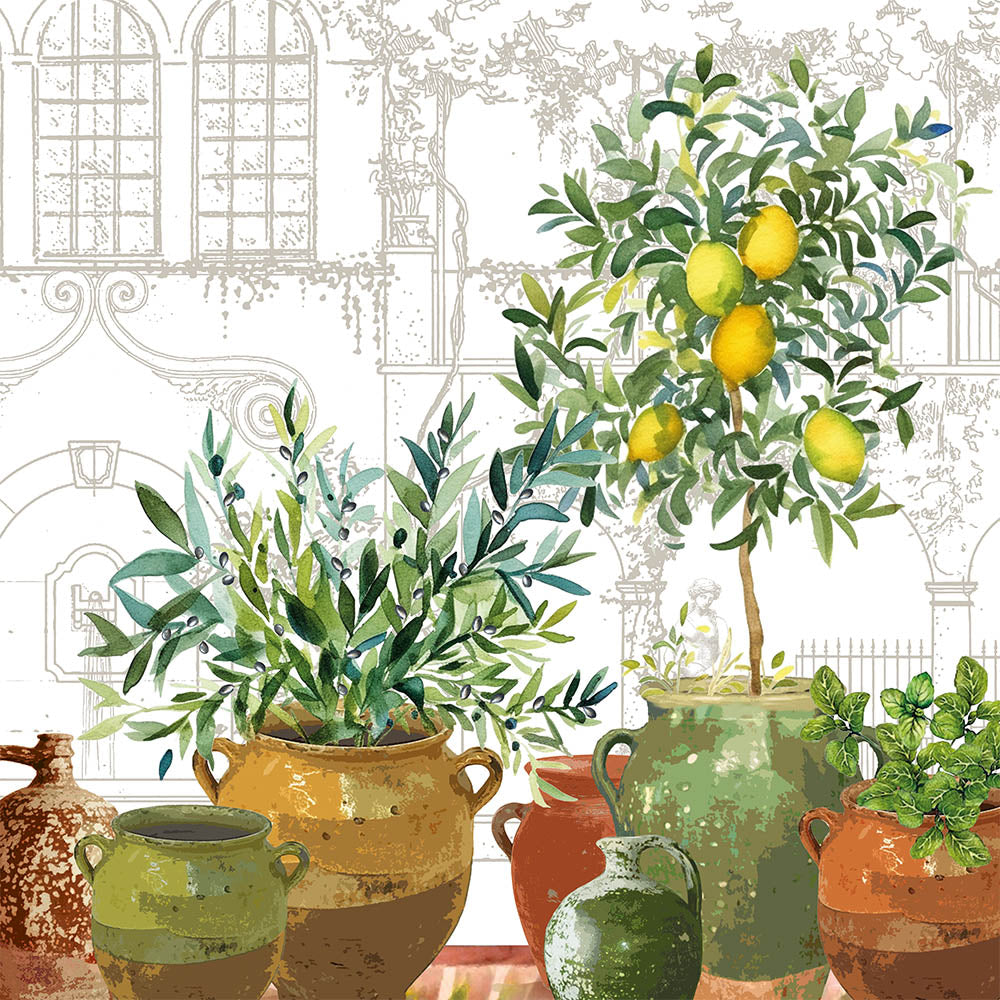 The Jardin Provencal Olive Napkin is printed with delicate plants, lemons, pots, and vases in terracotta and lush green tones. 