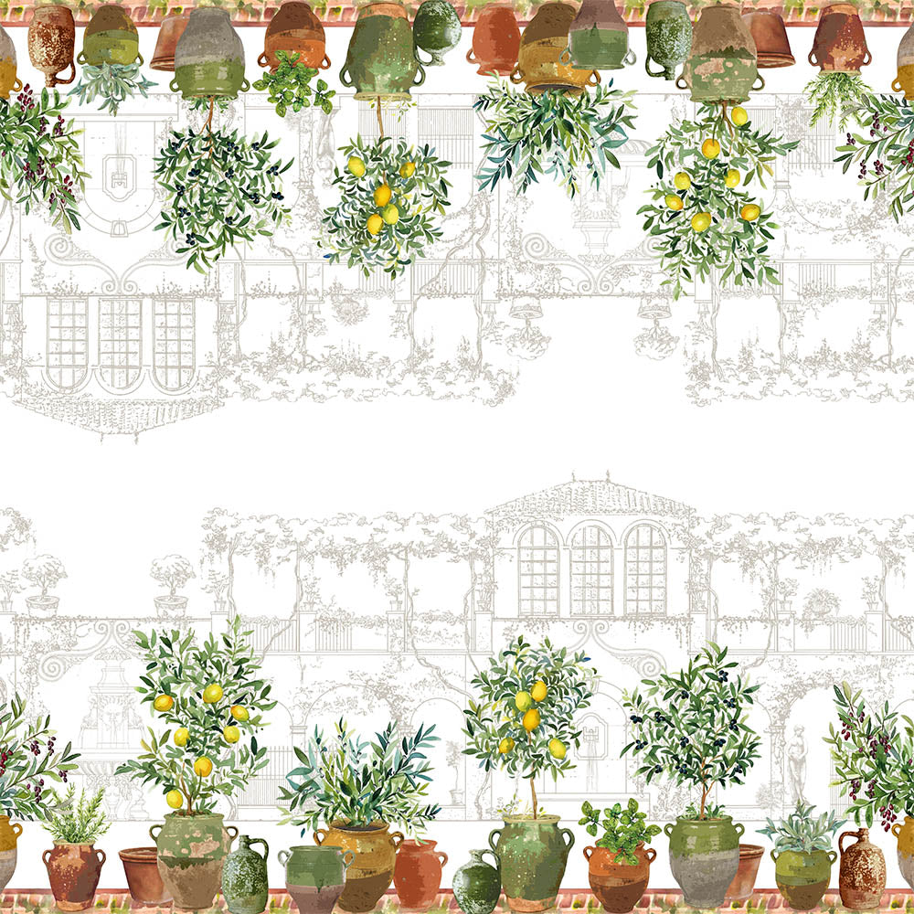 Full view of the Jardin Provencal Olive Tablecloth featuring a pattern of potted plants and vases with greenery and yellow flowers on a white background.