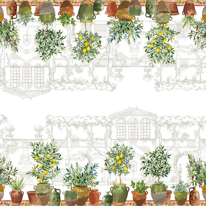 Full view of the Jardin Provencal Olive Tablecloth featuring a pattern of potted plants and vases with greenery and yellow flowers on a white background.