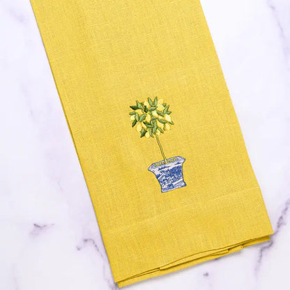 Yellow embroidered lemon topiary linen towel.